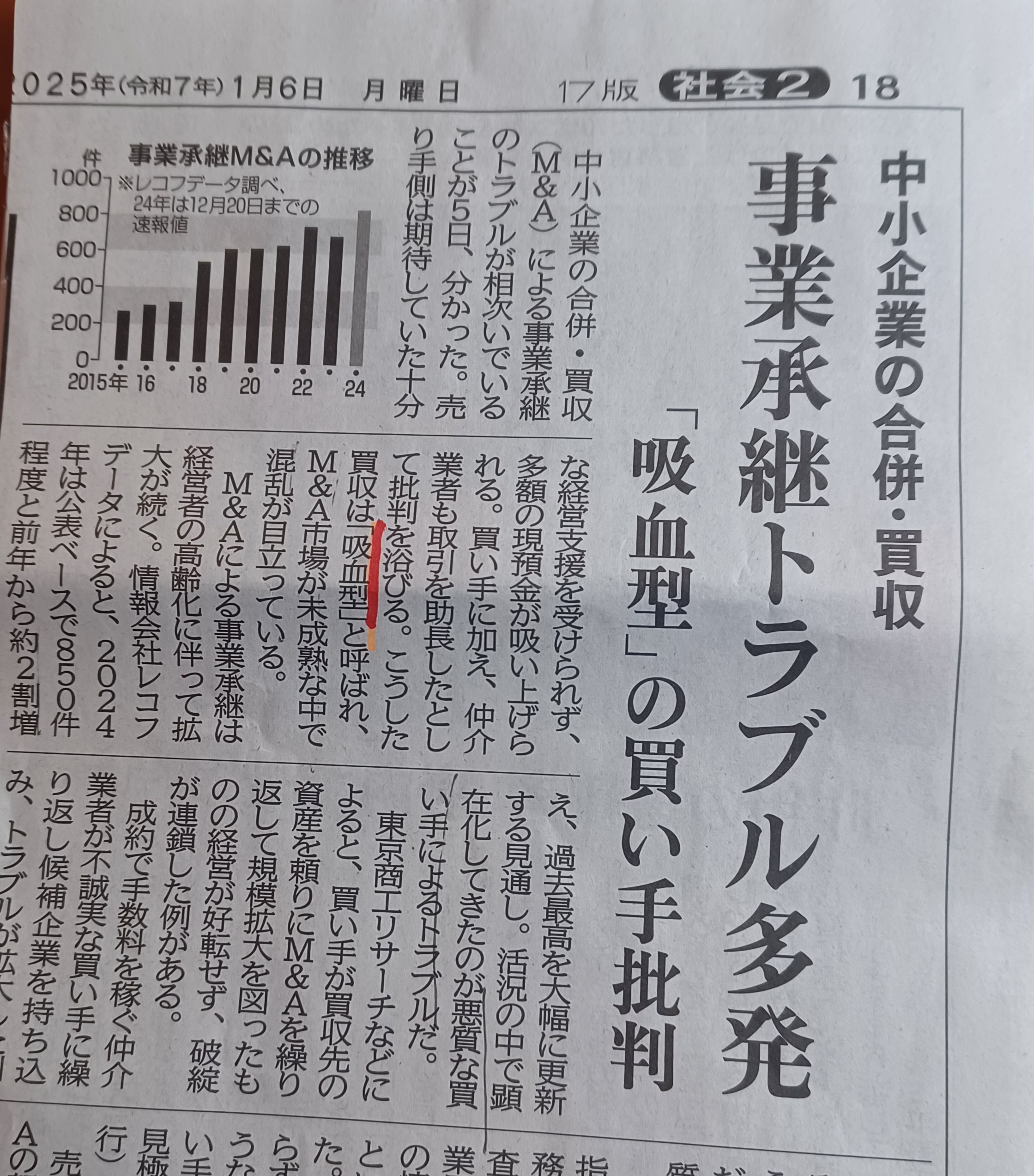 『事業承継トラブル多発』(1/6京都新聞)